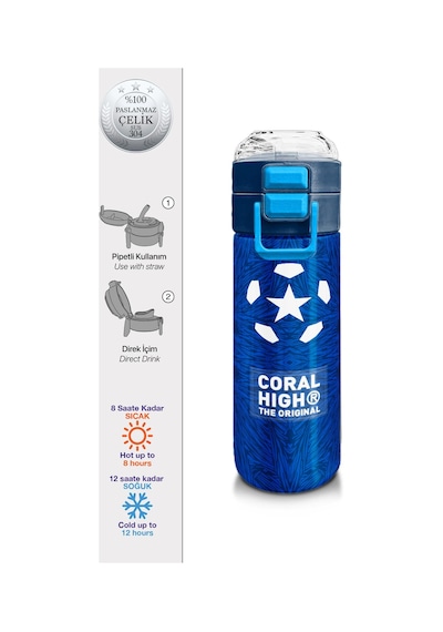 Coral High Kids Lacivert Saks Futbol Desenli Pipetli Ve Direkt İçim Çelik Termos 500 Ml 31897 Lacivert - Mavi