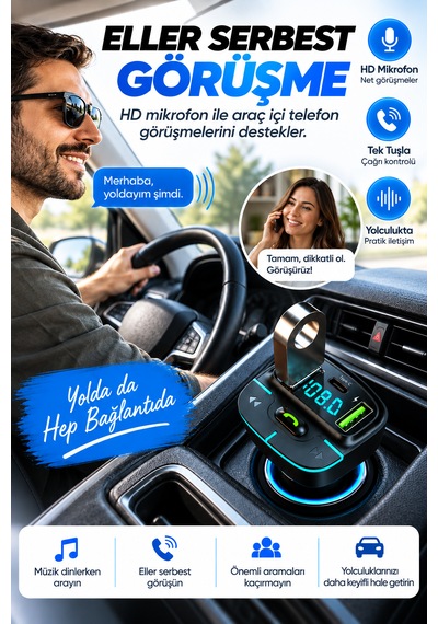 Bluetooth Fm Transmitter Araç Kiti Usb Type-c Hızlı Şarj Hd Mikrofon