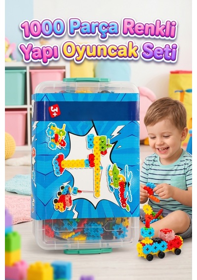 1000 Parça Renkli Bloklu Saklama Kutulu Geometrik ve Tekerlek Şekilli Eğitici Yapı Oyuncak Seti