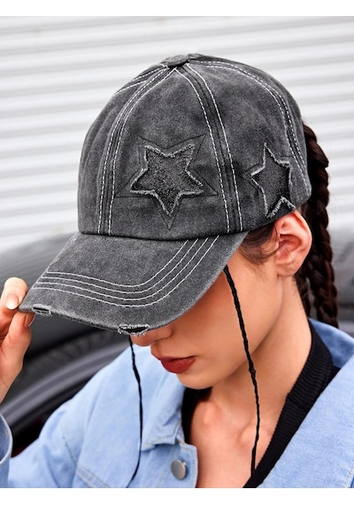 Valkyrie Vintage Siyah Yıldız Nakışlı Şapka Unisex Eskitme Baseball Cap Ayarlananır Pamuk Spor Şapka