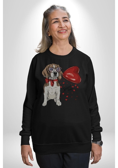 Poodle Ve Beagle Sevililer Günü Hediyesi Unisex Siyah Baskılı Sweatshirt Siyah