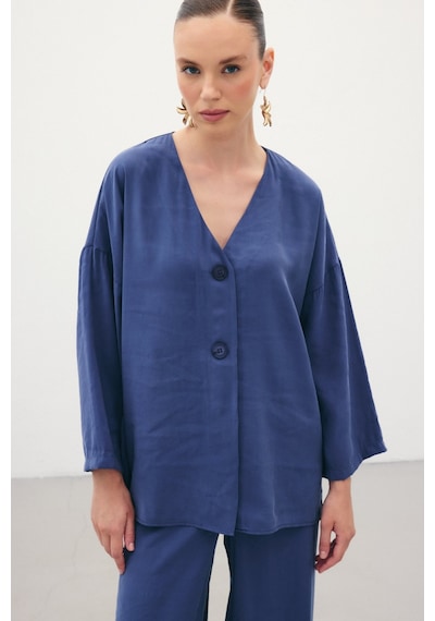 Sateen Düğmeli Kimono - İndigo-136358 İndigo