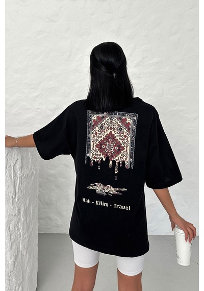 Technomonkey Unisex Siyah Oversize Halı Kilim Travel Desenli Techno Tişört