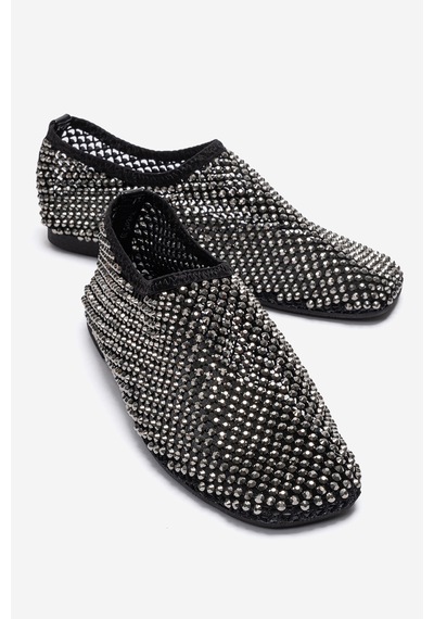 Luvishoes Urela Siyah Örgü Taşlı Hakiki Deri Kadın Babet Ayakkabı