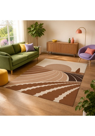 Kartela Halı Güneş Tarlası Manzaralı Modern Halı Bakır Kaymaz Taban Makinede Yıkanabilir 180x270 Cm
