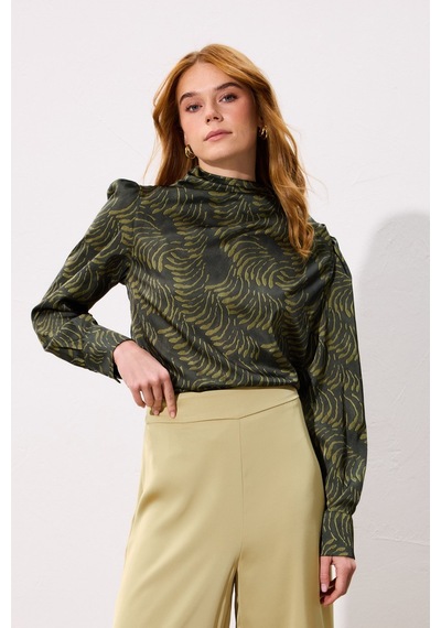 Sateen Drape Detaylı Desenli Bluz - Yeşil-136746 Yeşil