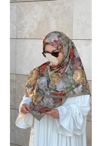 Qalortex Scarf Pamuklu Gonca Desen Eşarp - Haki