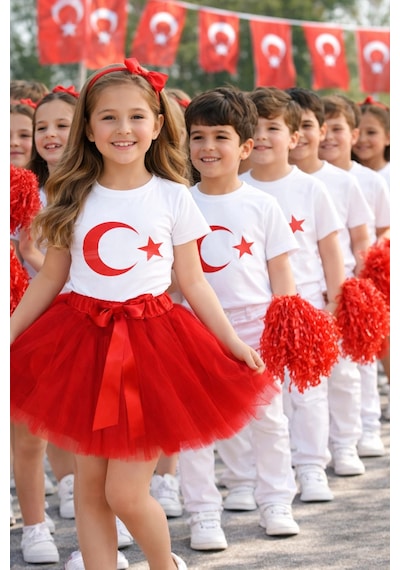 Kız Çocuk 23 Nisan Gösteri Kıyafeti Ay-yıldız Kısa Kol Beyaz T-shirt Ve Tütü Etek Takım