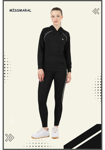 Kadın Eşofman Takım Siyah Üst Tunik & Siyah Regular Fit Lycralı Tayt Dalgıç Kumaş Aktif Spor 3060 Siyah Beyaz Şeritli