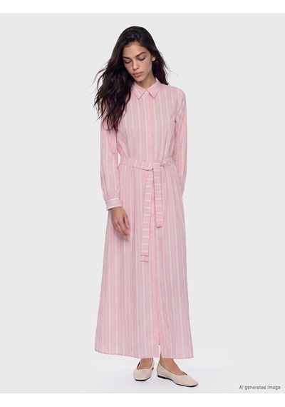 Lcw Modest Pembe Çizgili Kuşaklı Gömlek Elbise