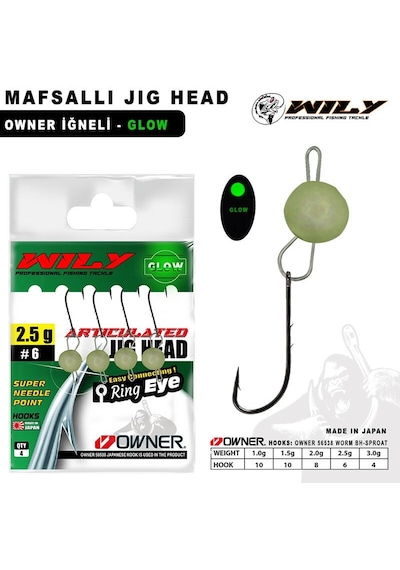 Wily Mafsallı Jig Head 4 Adet Owner İğneli - Glow 2 Gr - 8 No 2 Gr - 8 No