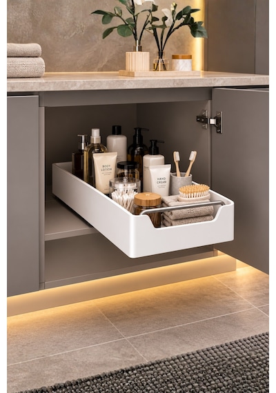 Büyük Boy Çok Amaçlı Raylı Dolap İçi Çekmece Organizer Sürgülü Mutfak Banyo Kiler Düzenleyici Organizer 1 Adet Bej