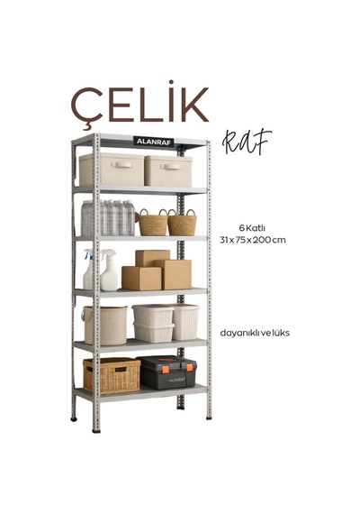 6 Katlı Galvaniz Çelik Raf 31x75x200 Cm Hırdavat, Market, Ofis, Banyo, Depo, Mutfak, Raf Sistemleri Gri