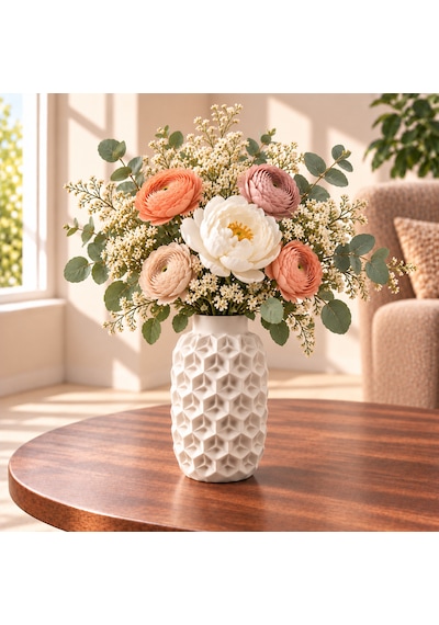 Dekoratif Vazo 20 Cm Geometrik Desenli Kuru Çiçek Ve Pampas Vazosu Beyaz