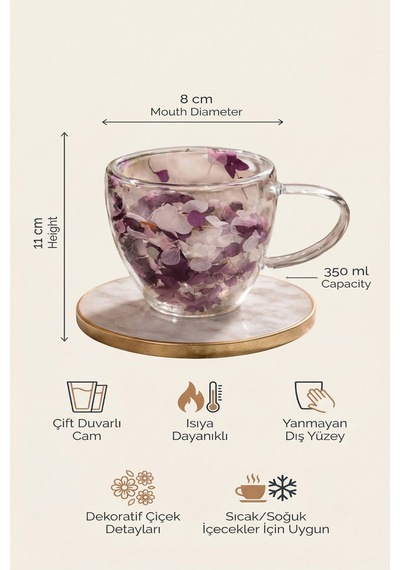 Makri Home Mor Beyaz Çiçekli Çift Cidarlı Cam Kupa, 350 Ml, 11 Cm X 8 Cm Çok Renkli
