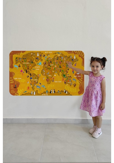 Eğitici Dünya Haritası Dünya Atlası Çocuk Ve Bebek Odası Duvar Sticker-60x105-3781 - Renkli Çok Renkli