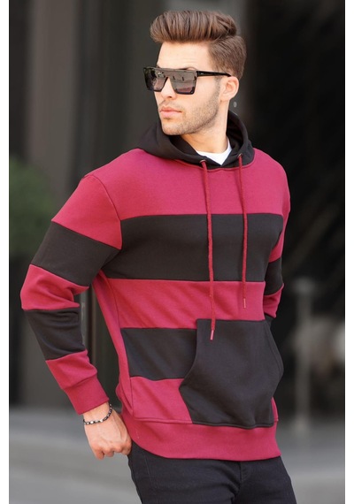 Madmext Bordo Kapüşonlu Çizgili Erkek Sweatshirt 6144-bordo Bordo