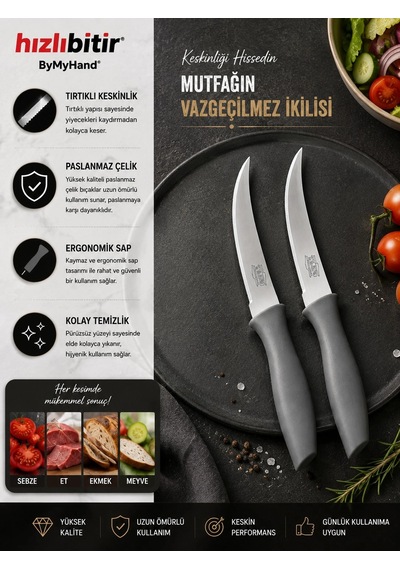 Bymyhand Paslanmaz Çelik Füme Meyve Bıçağı Soyma Bıçağı Dilimleme Bıçağı 2'li Set