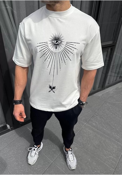 Assema Erkek Bisiklet Yaka Baskılı Kısa Kol T-shirt - Beyaz Çok Renkli