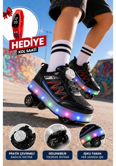 Muggo Skate Çocuk Işıklı Patenli Tekerlekli Sneaker Spor Ayakkabı Siyah - Kırmızı