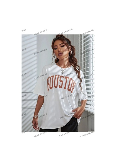 Startmore Kadın Beyaz Houston Baskılı Oversize Beyaz
