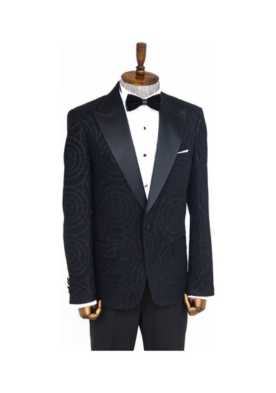 Wessi Hipnoz Desen Sivri Yaka Slim Fit Siyah Erkek Smokin Ceket Siyah