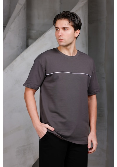 Erkek Garnili Şeritli Oversize Bisiklet Yaka 2 İki İplik Kompakt T-shirt Kahverengi