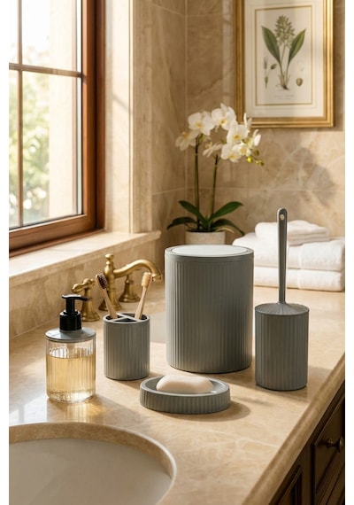 Makri Home 5 Parça Şık Gri Banyo Seti, Hacim: 6 Litre Gri