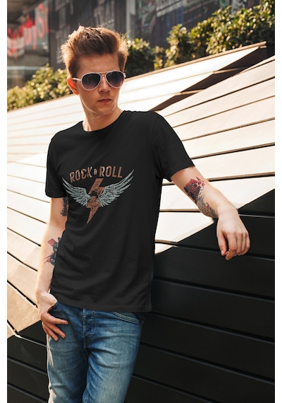 Rock And Roll Rock Müzik Kanat Baskılı Regular Fit %100 Pamuk Siyah T-shirt Siyah