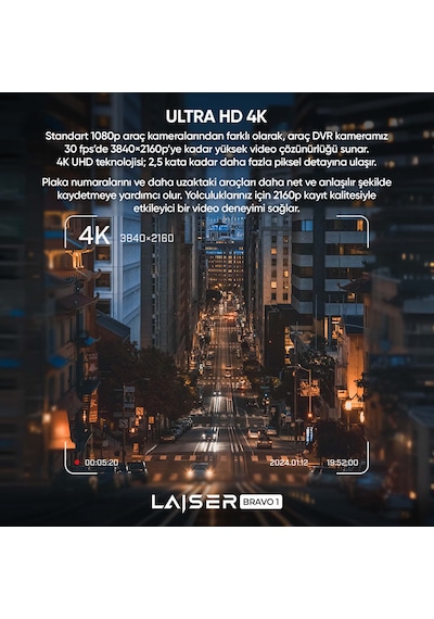 Laiser Bravo 1 Araç Kamerası 2 Kanal 2k + Fhd Arka Hdr Gps Wi-fi 3,2" Ips Ekran
