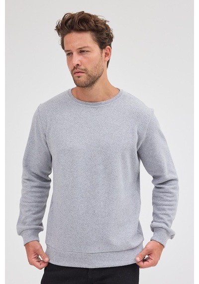 Comeor Erkek Gri Fit Normal Kesim Pamuklu Basic Bisiklet Yaka Sweatshirt Gri