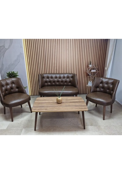 Azra Mobilya Deri Çay Seti Koltuk Takımı + Sehpa - Oturma Grubu - Cafe Mobilya - Ofis Mobilya - Balkon Mobilya Acı Kahve