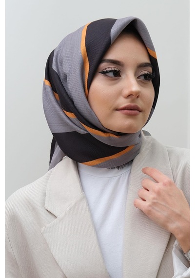 Afvente Çizgili Desen Gri Pamuk Eşarp