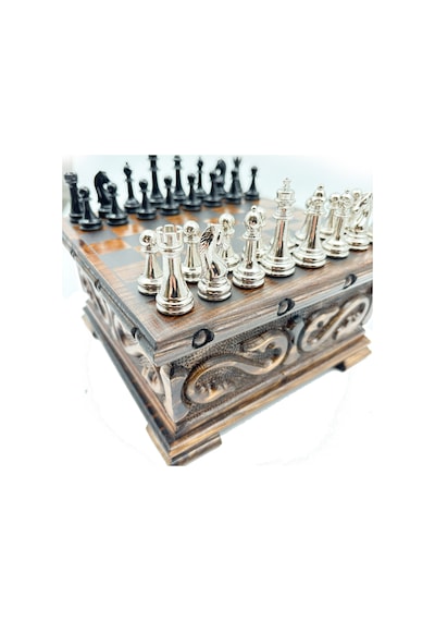 Gizli - 306 - Bölmeli El İşi Ceviz Sandık Model Satranç Takımı Ve Metal Kla Satranç Taşları Snkk20 - Muratech - - Siya