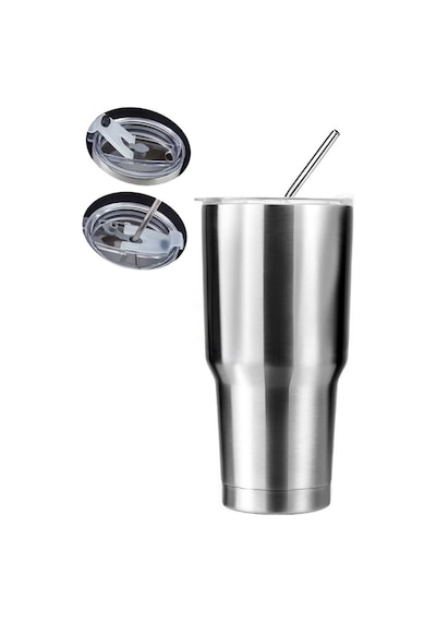 304 Çelik 900 Ml Tek Kapak Çift Kullanım Pipetli Soğuk İçecek El Termos Mug Gri