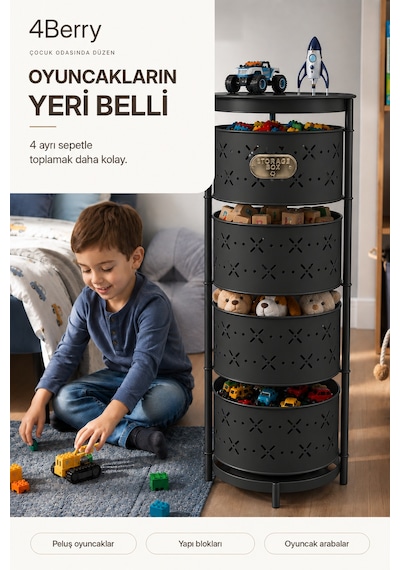 4 Katlı Metal Çok Amaçlı Düzenleyici Sepet Mutfak Sebzelik, Oyuncak, Banyo Ve Ev Organizeri Siyah