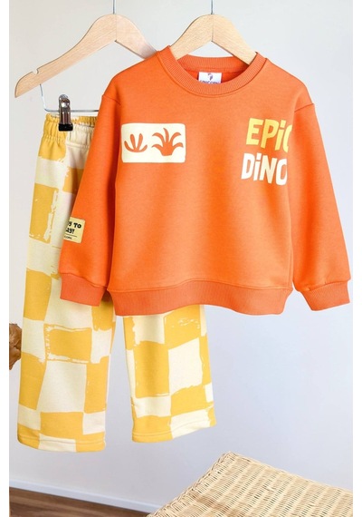Erkek Çocuk Dinozor Temalı Sırt Baskılı Sweatshirt Ve Pantolon Takım Çok Renkli
