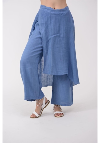 Bohem Stil İtalyan Ham Keten Pantolon Etek-8747 Mavi