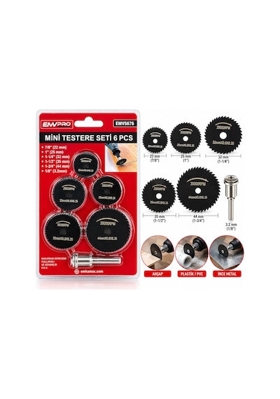6pcs Mini Testere Set 7/8 Inc-22mm - 1 Inc-25mm - 1-1/4 Inc-32mm - 1-1/2 Inc-35mm - 1-3/4 Inc- 44mm - 1/8 Inc--3.2mm Bx4