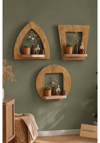 Ahşap Dekoratif Duvar Rafı 2 Li / 3 Lü Set Mtsv - 641 Kahverengi