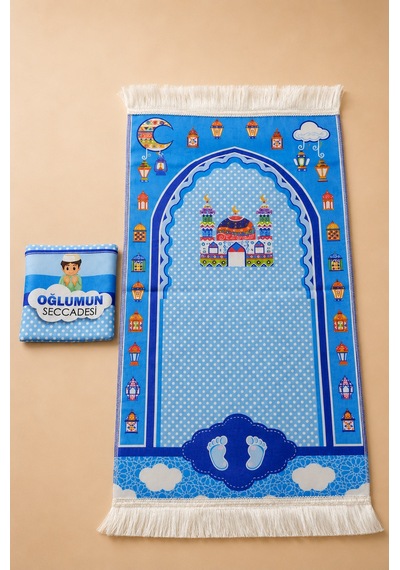Çocuk Namaz Seti 2001 Çantalı Seccade, Elif Ba Ve 99'lu Tesbih Mavi