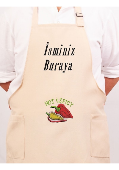 Mutfak Önlüğü Kişiye Ve İsme Özel Nakışlı Mutfak Önlüğü Biber02 Farklı Renkler Krem