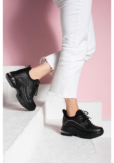 Shoetek Mariangeles Kadın Sneakers Bağcıklı Taşlı Spor Ayakkabı Siyah Deri Siyah