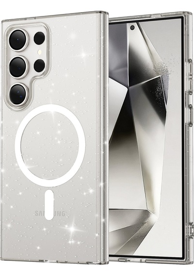 Samsung Galaxy S23 Ultra Uyumlu Renkli Magneticsafe Parlayan Simli A+ Kalite Silikon Kapak - Şeffaf