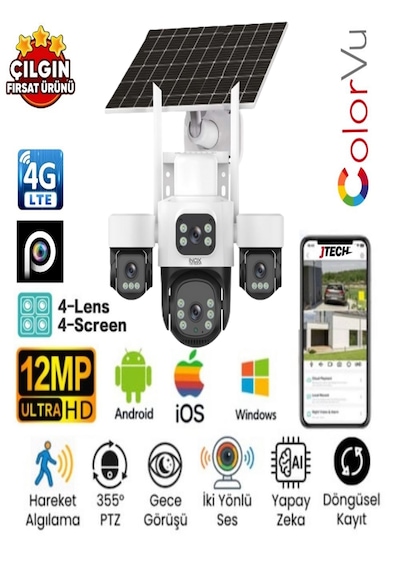 Inox X14 3mp+3mp+3mp+3mp 12mp 4g E-sim Kartlı 2xsolar Panelli 4 Lens 1 Ptz Akıllı Kamera