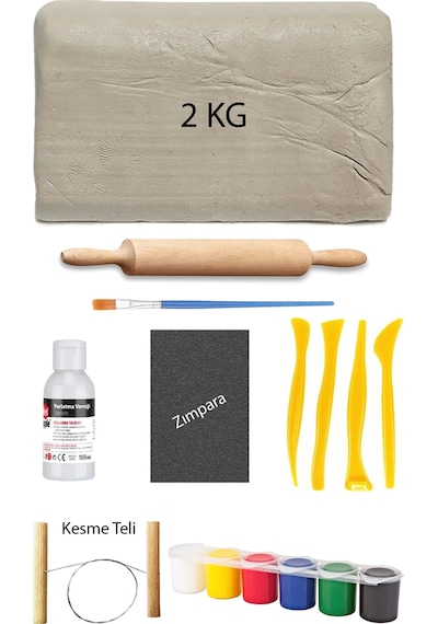 Beyaz Seramik Hamuru 2 Kg Kil Ebeşuar Seti 6x15 Ml Akrilik Set 100 Cc Vernik Ahşap Merdane Zımpara