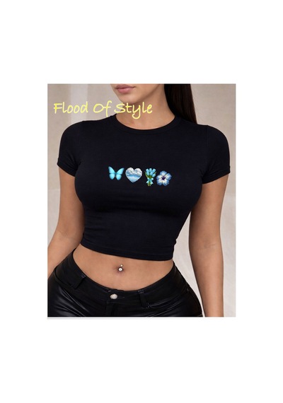 Flood Of Style Siyah Babby Tee Bulut Kalpla Lekelebek Özel Tasarım