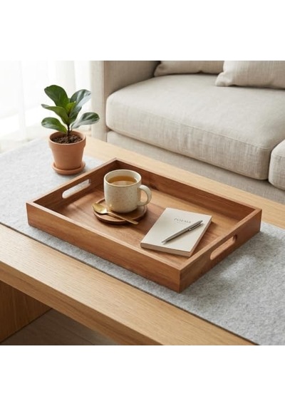Büyük Boy Akasya Ahşap Sunum Tepsisi 40x30 Cm - Doğal Ahşap Çay, Kahve Ve Kahvaltı Tepsisi, Kulplu Tasarım Diğer