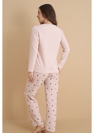 Wordex Mırano 3107 Waffle Soft Kumaş Ayıcık Desenli Kışlık Ev Kadın Pijama Takımı Bej