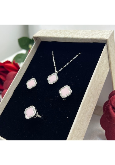 Yonca Pembe Taşlı Kadın 3'lü Seti 925 Ayar Gümüş Radyumlu 12 Mm Gümüş